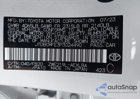 2023 Toyota Corolla Hybrid Le from USA, damaged, VIN JTDBCMFE3P3024490